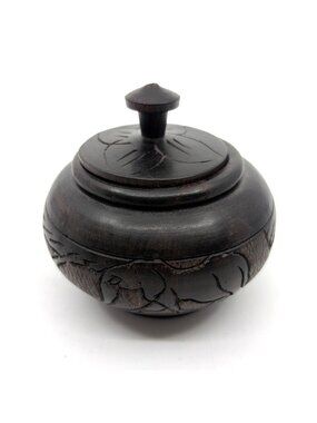 Vintage Hand Carved Wood Elephant Covered Bowl Jar Studio Craft Decor 5" Vtg